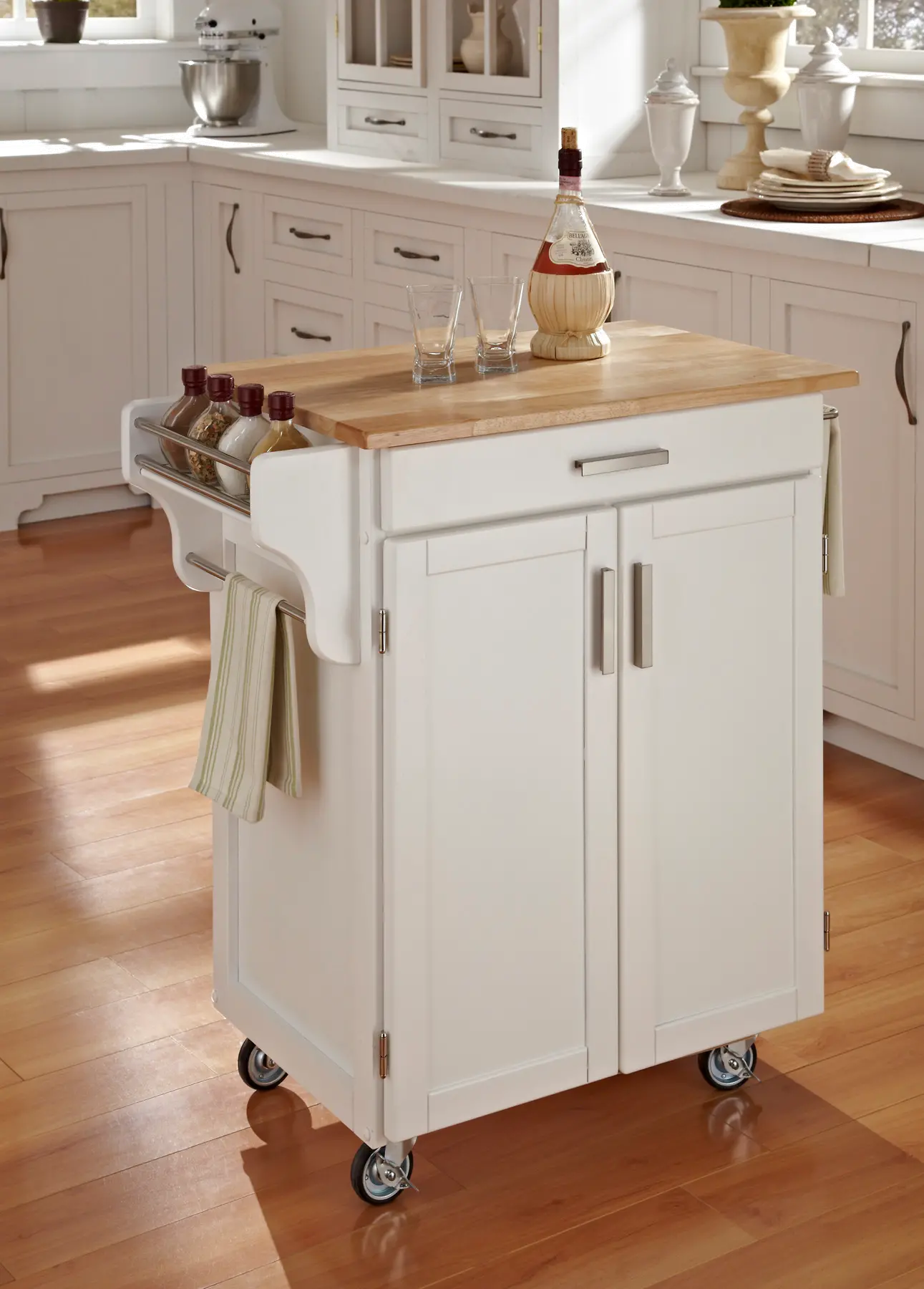 9001-0021 White Kitchen Cart with Natural Wood Top - Create- sku 9001-0021