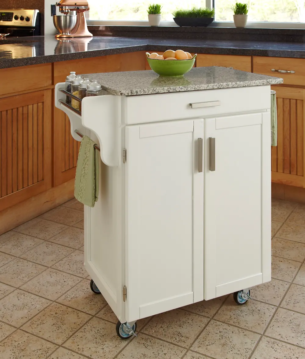 9001-0023 White Kitchen Cart with White and Black Granite Top - Create-a-Cart-1