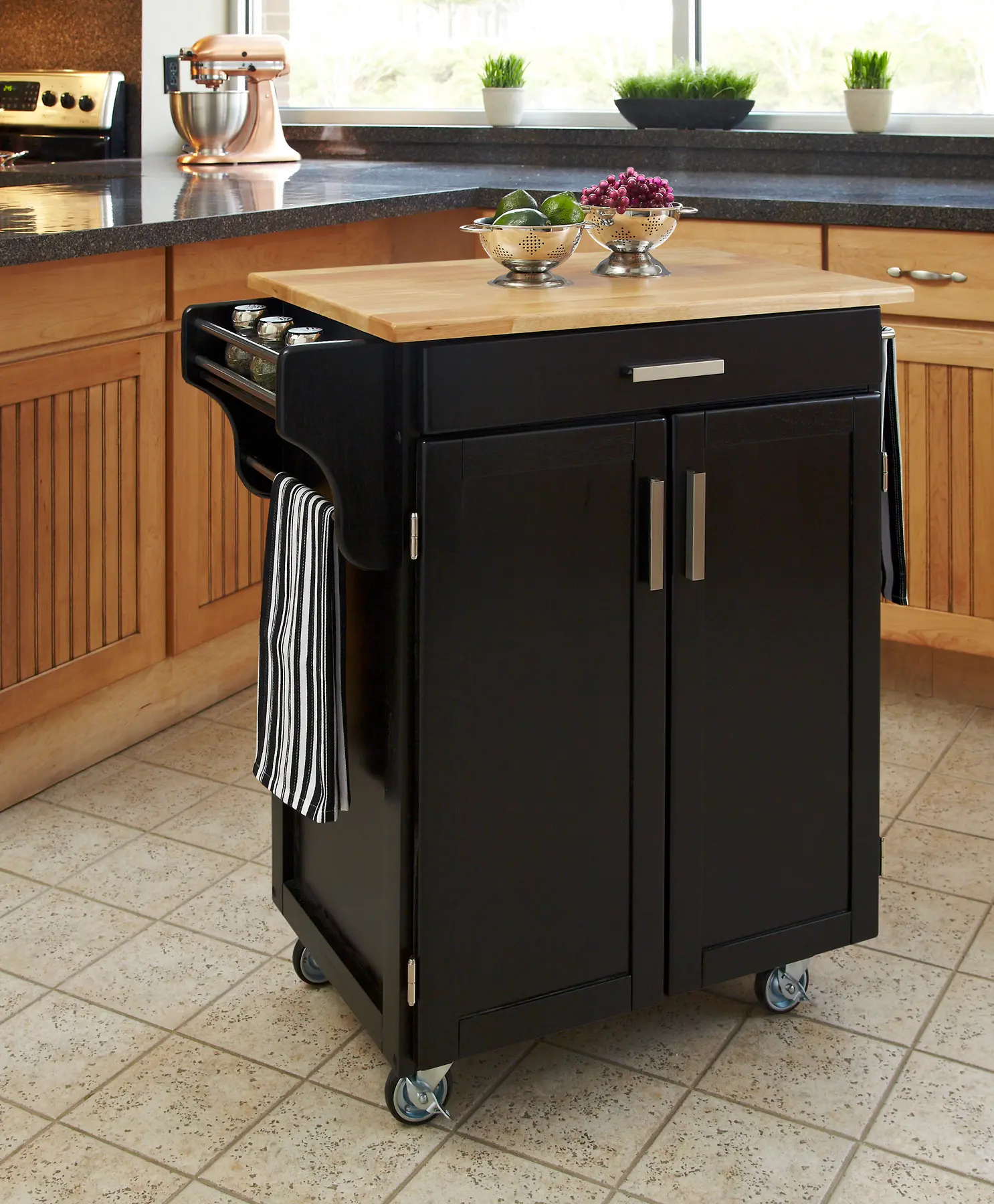 9001-0041 Black Kitchen Cart with Natural Wood Top - Create- sku 9001-0041