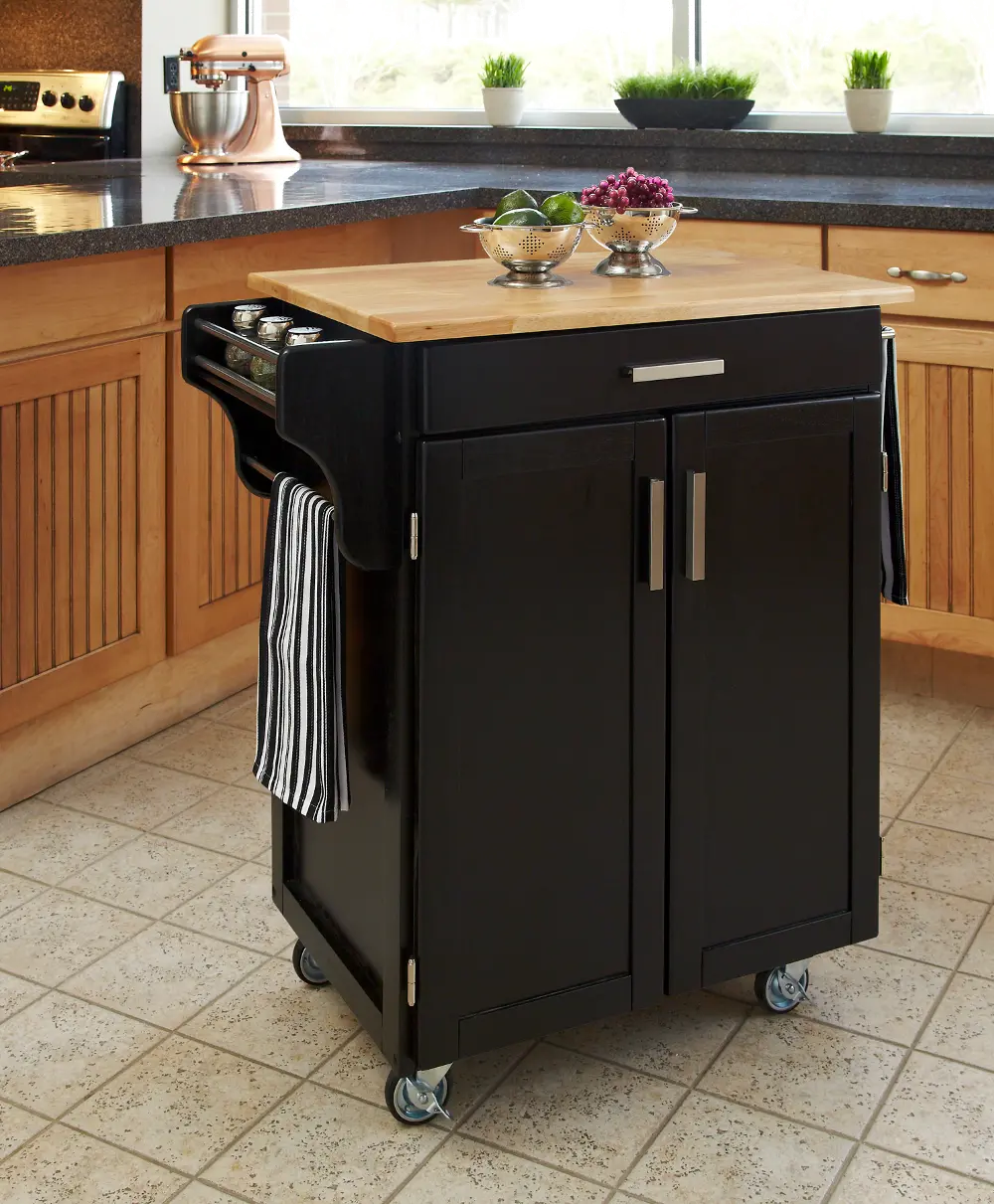 9001-0041 Black Kitchen Cart with Natural Wood Top - Create-a-Cart-1