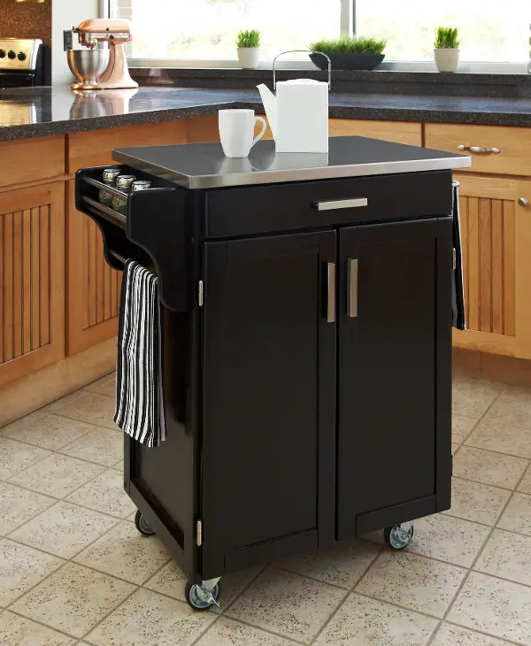 Black Kitchen Cart With Stainless Steel, Adelle A Cart Kitchen Island With Stainless Steel Top