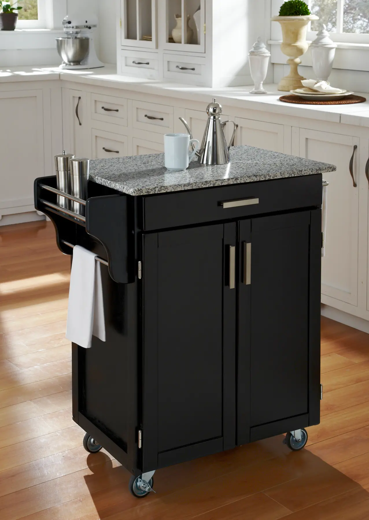 Black Kitchen Cart with White and Black Granite Top - Create-a-Cart