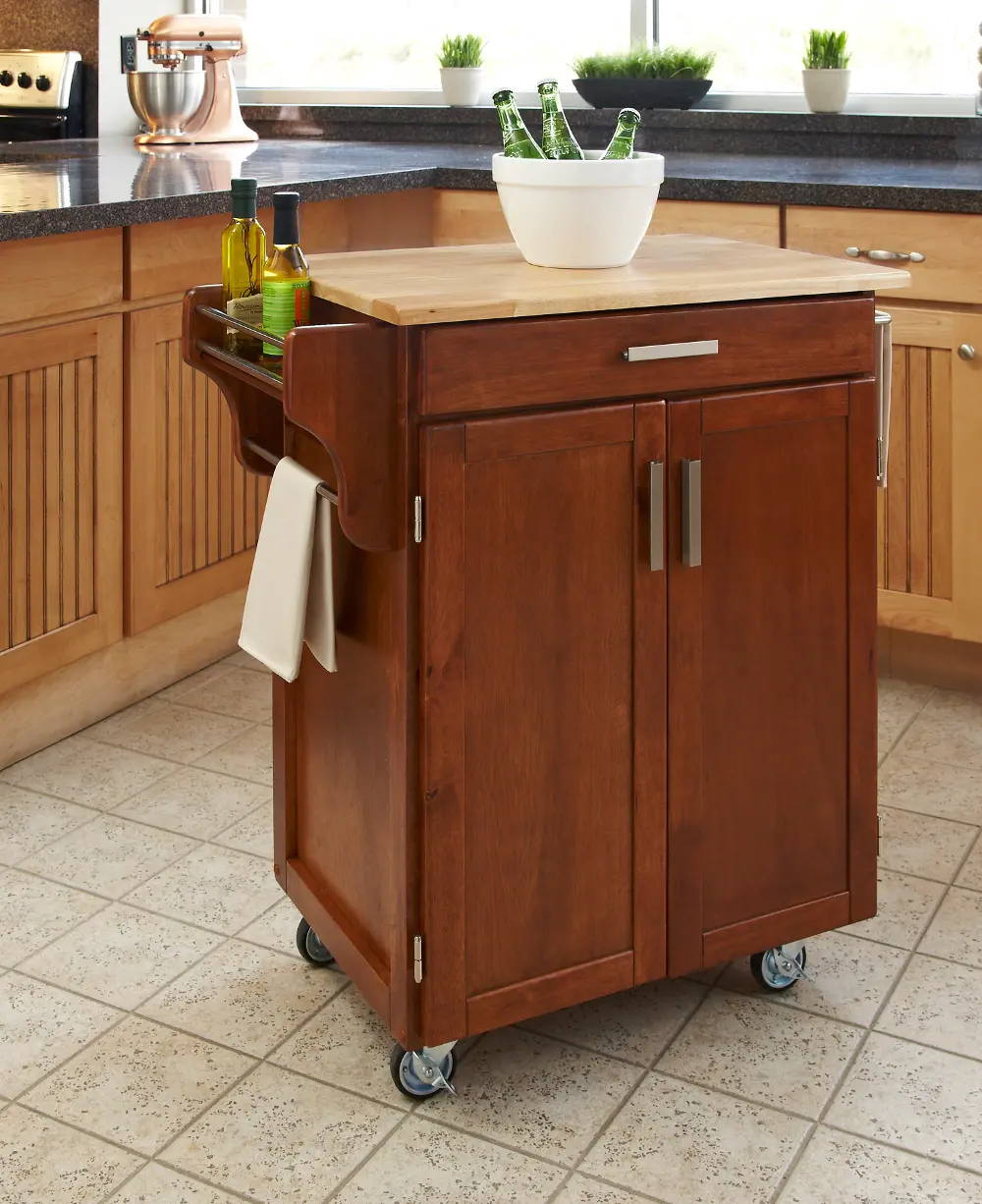 9001-0061 Medium Brown Kitchen Cart with Natural Wood Top - Create-a-Cart-1