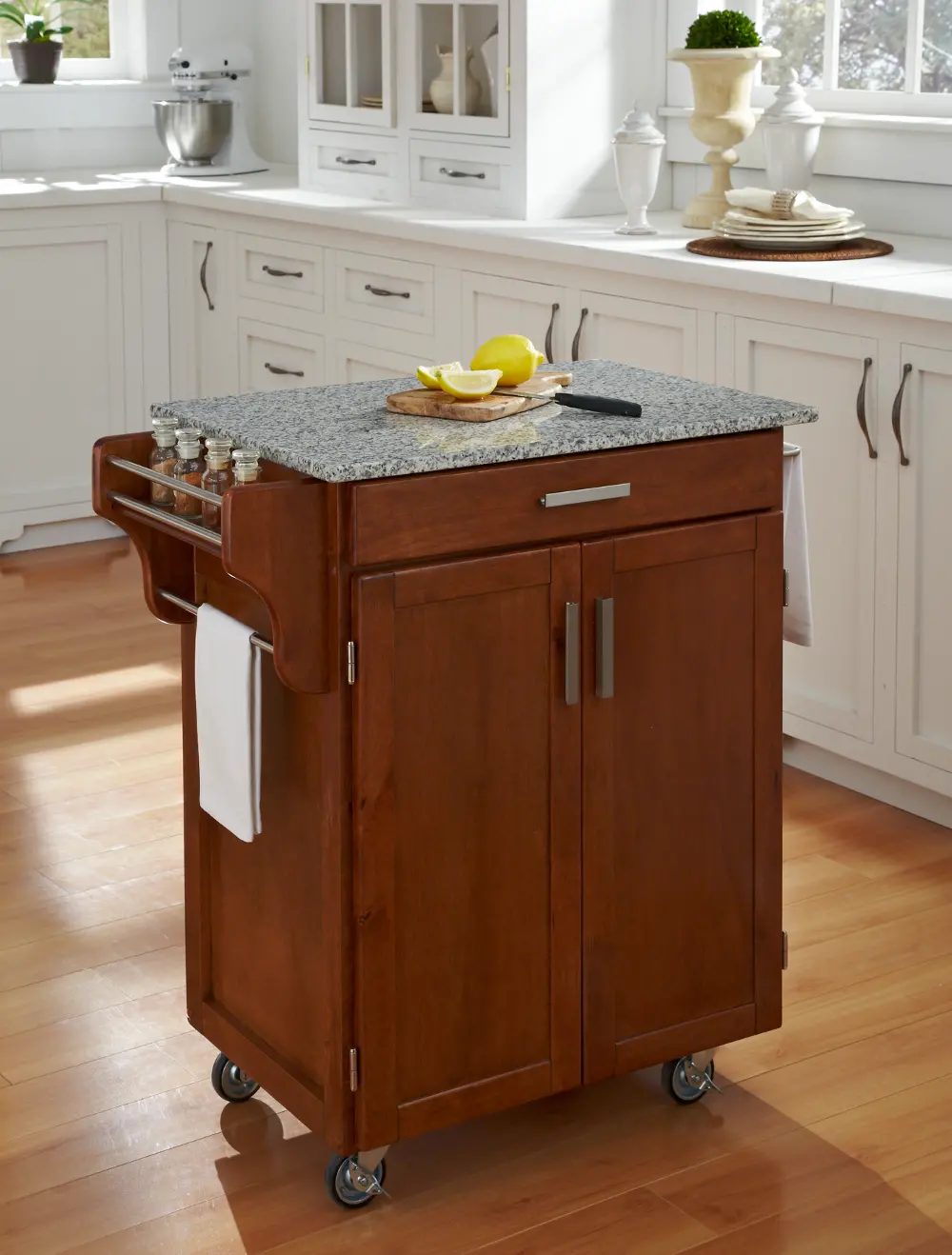 9001-0063 Medium Brown Kitchen Cart with White and Black Granite Top - Create-a-Cart-1