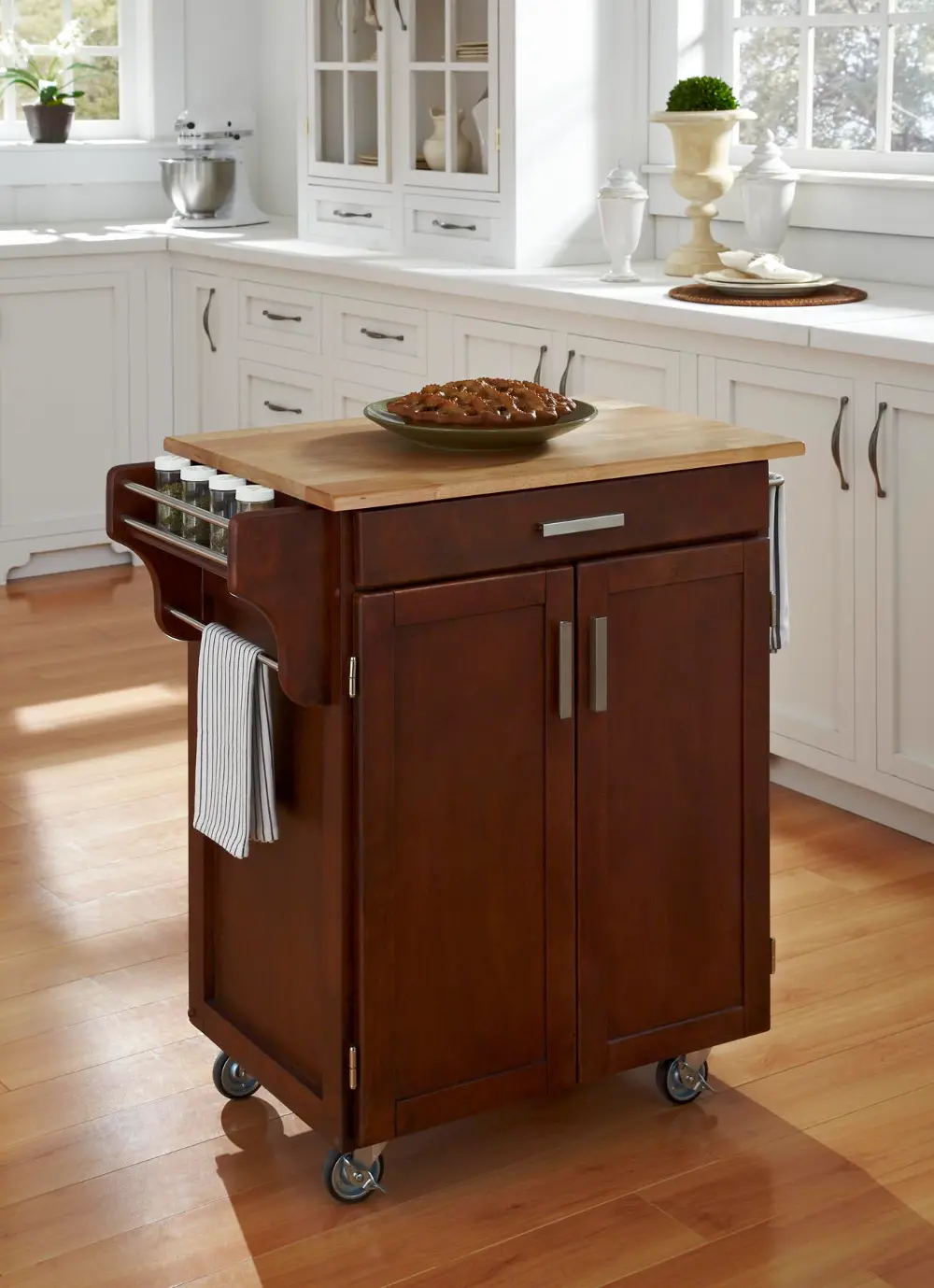 9001-0071 Cherry Kitchen Cart with Natural Wood Top - Create-a-Cart-1