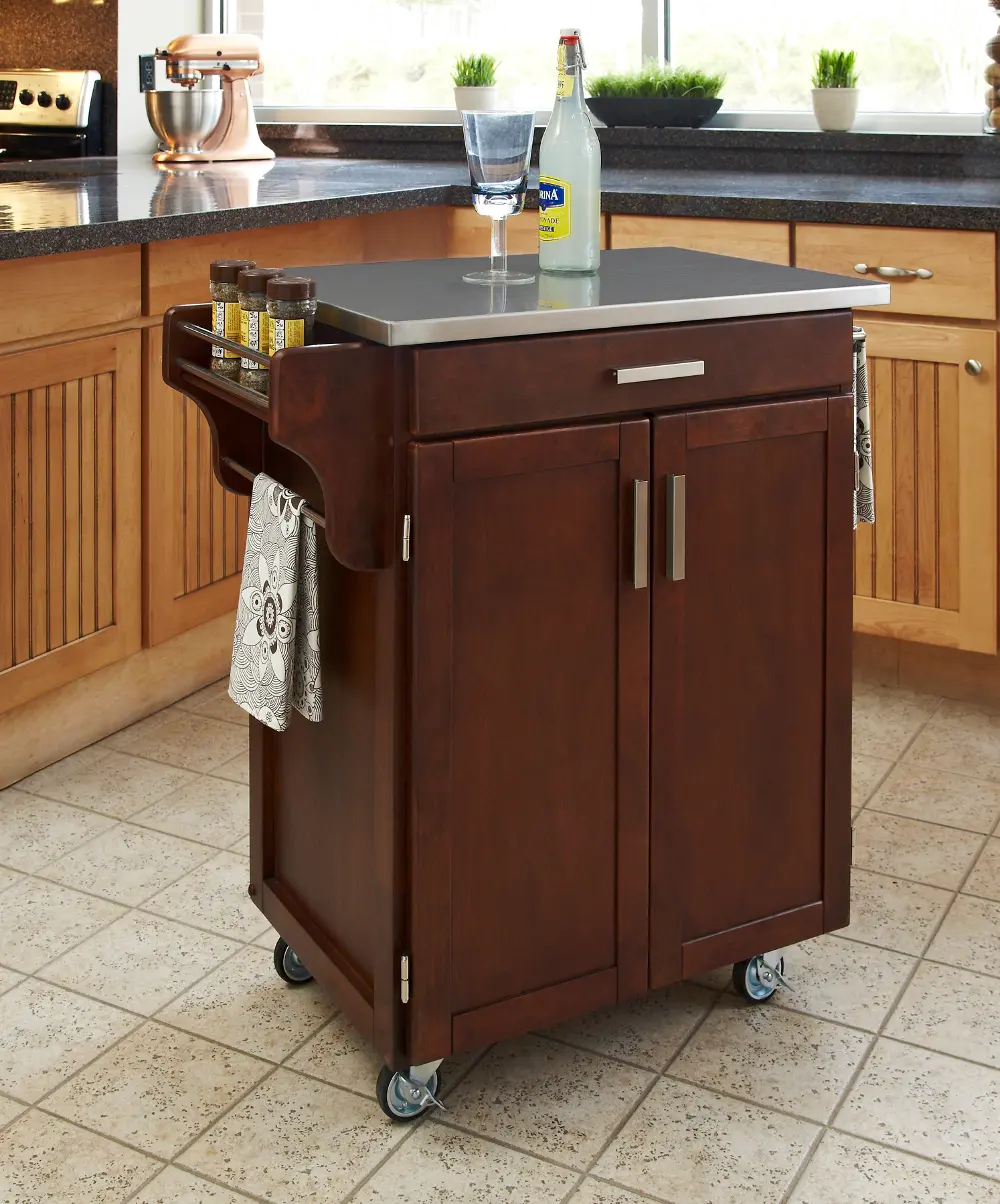 9001-0072 Cherry Kitchen Cart with Stainless Steel Top - Create-a-Cart-1