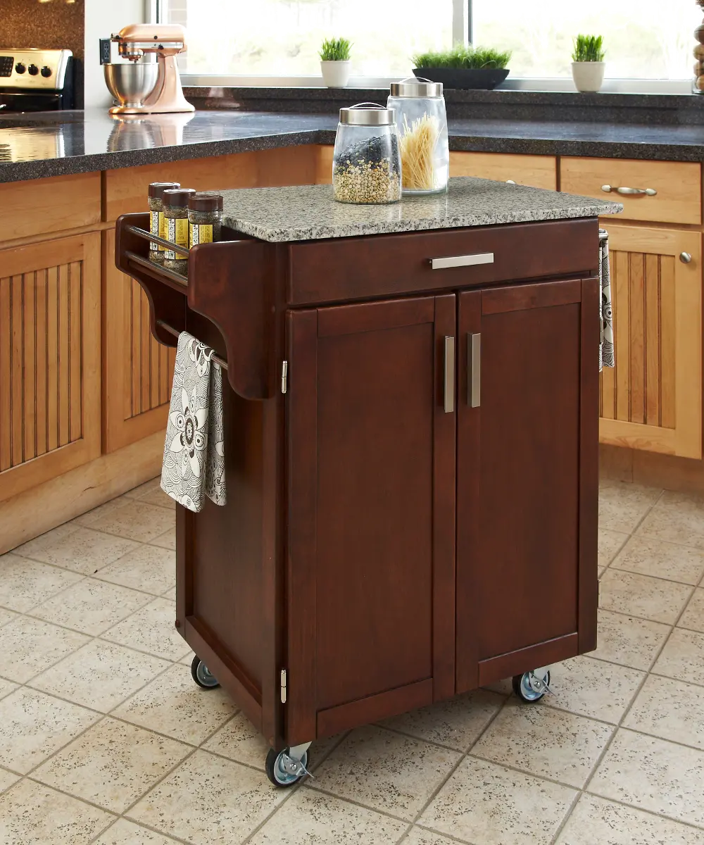 9001-0073 Cherry Kitchen Cart with White and Black Granite Top - Create-a-Cart-1