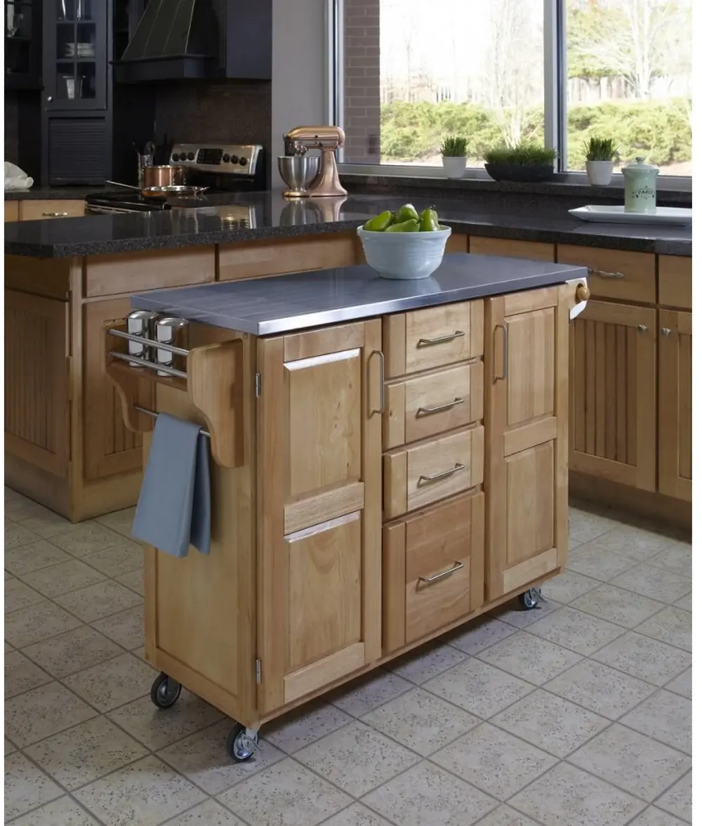9100-1012 Natural Kitchen Cart with Stainless Steel Top - Create-a-Cart-1
