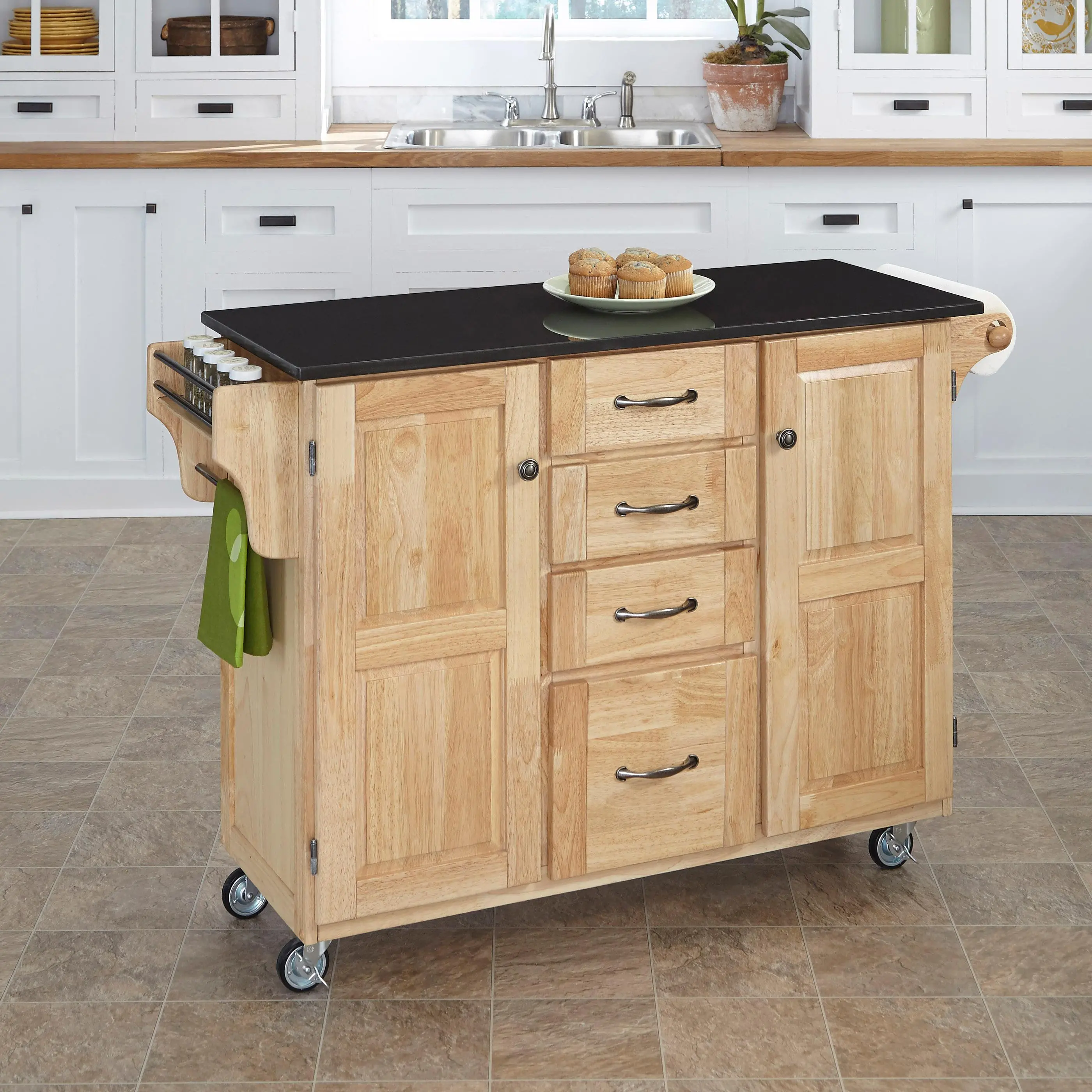 Create A Cart Natural Kitchen Cart with Black Granite Top