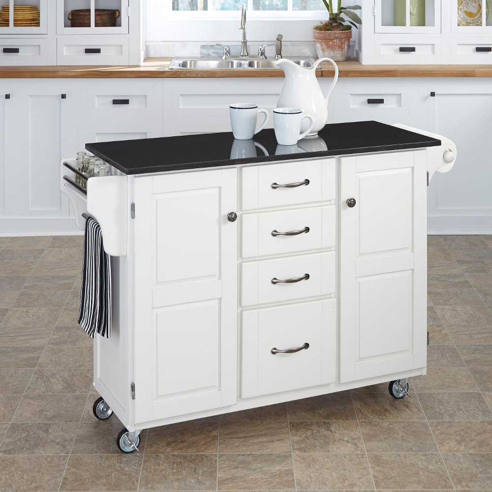 Create A Cart White Kitchen Cart with Black Granite Top