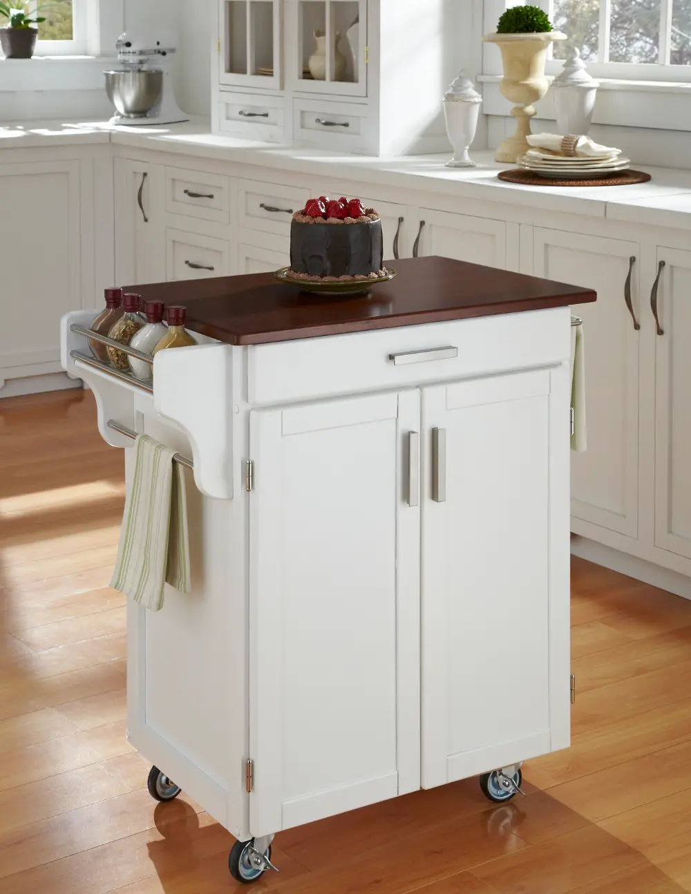 9001-0027G White Kitchen Cart with Cherry Finish Wood Top - Create-a-Cart-1