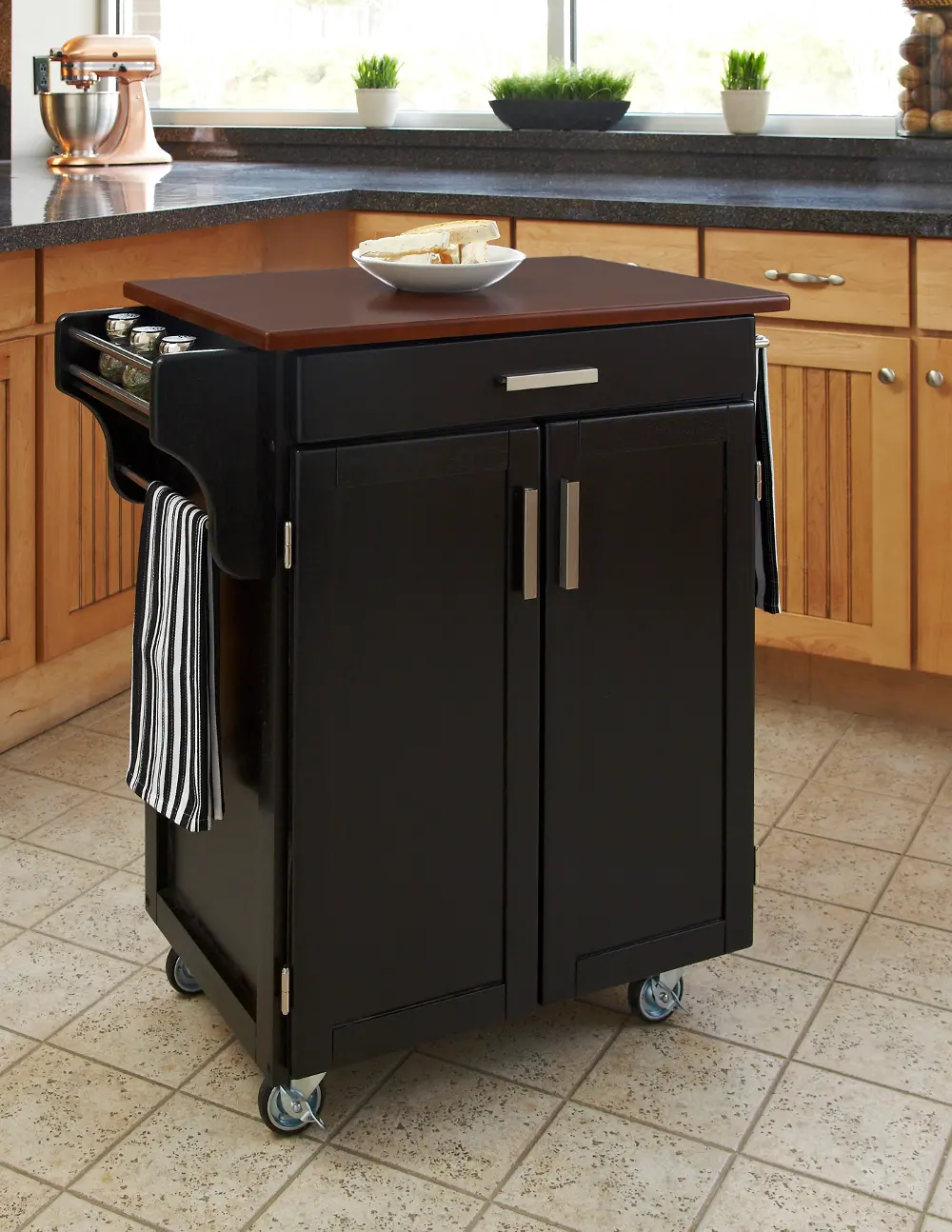 9001-0047G Black Kitchen Cart with Natural Wood Top - Create-a-Cart-1