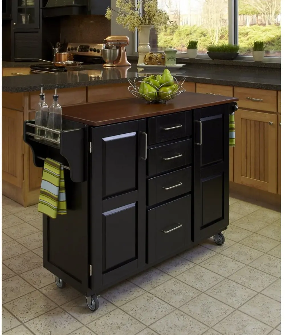 9100-1047G Black Kitchen Cart with Warm Oak Finish Top - Create-a-Cart-1