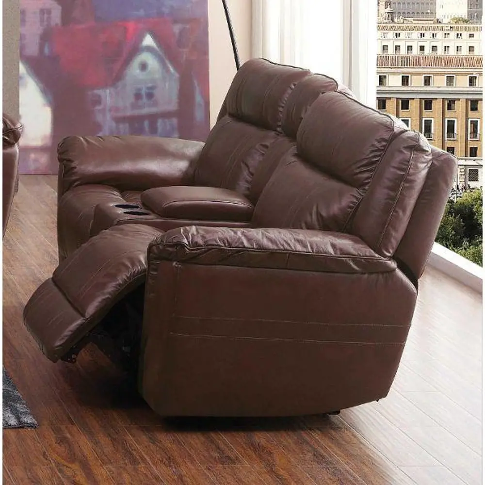 Brown Leather-Match Manual Reclining Loveseat With Console - K-Motion-1