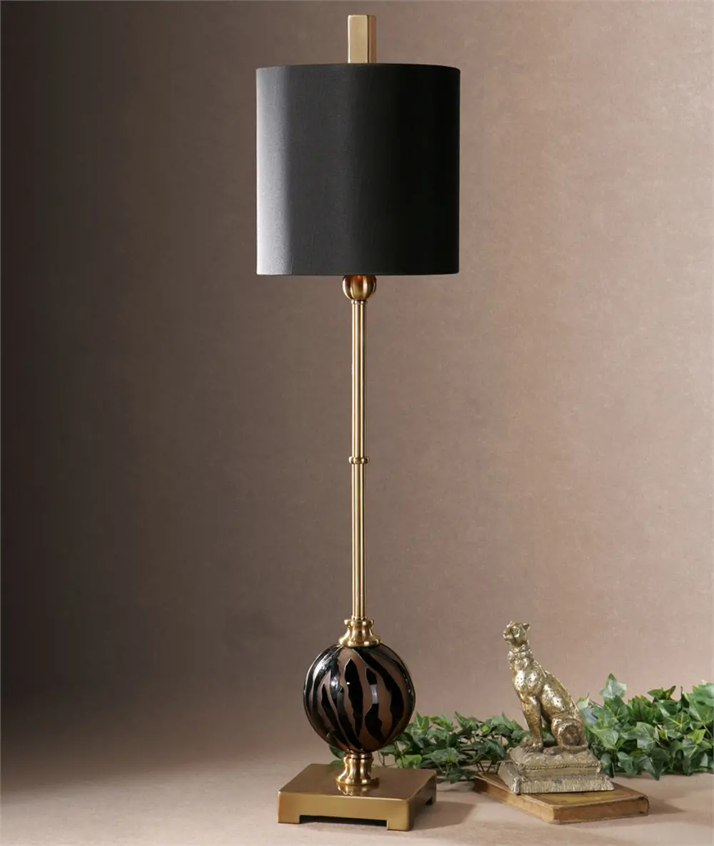 Smoked Etched Glass and Black Buffet Lamp with Brass Accents-1