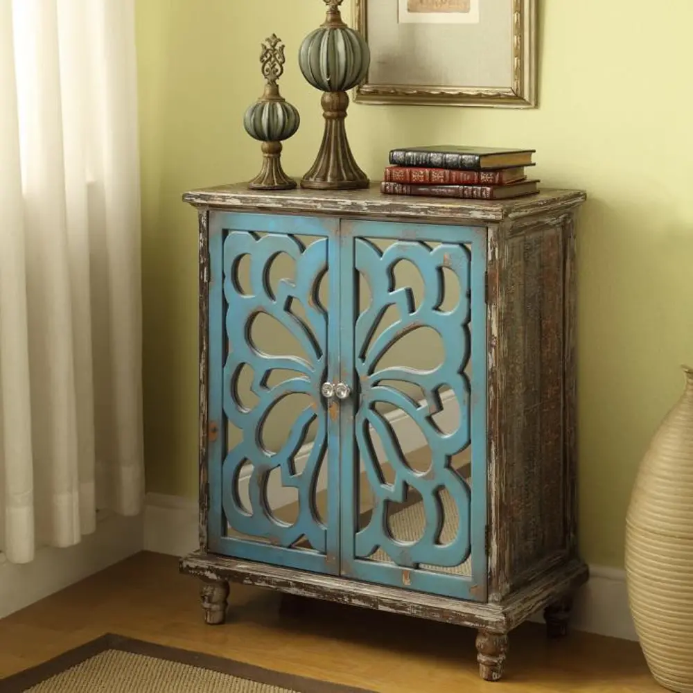 46291/CABINET/FLORA Brown and Blue Floral Glass 2 Door Cabinet - Devale-1