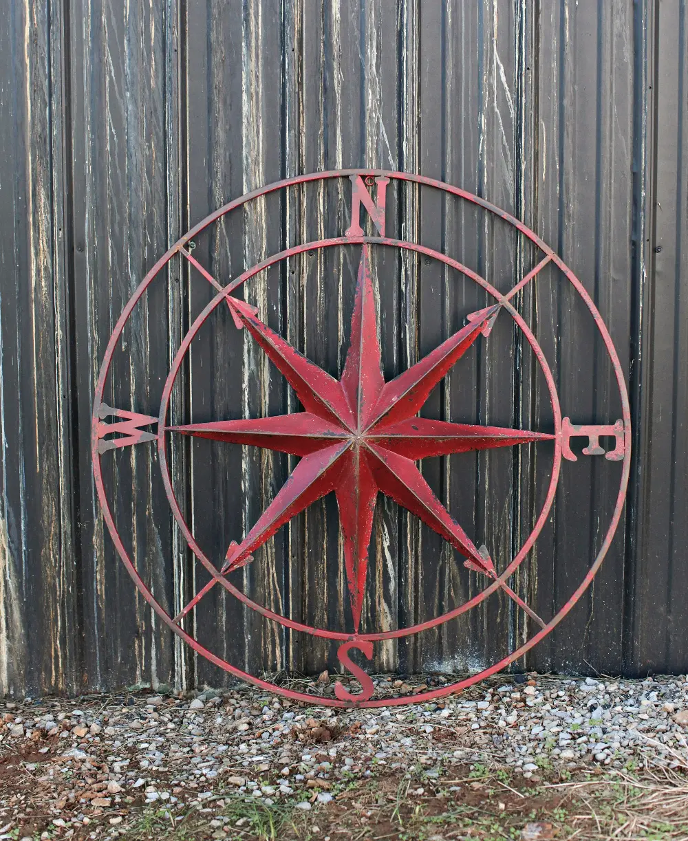 DE6069/RED/COMPASS Distressed Red Metal Compass Wall Plaque-1