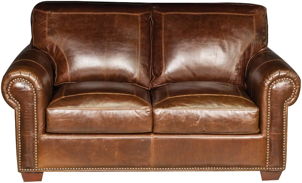 Classic Traditional Pecan Brown Leather Loveseat-1