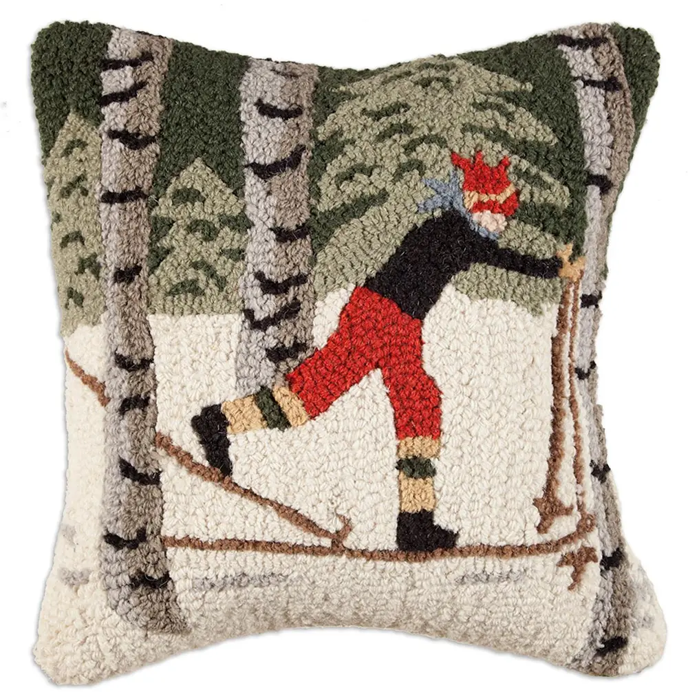Back Country Skier Hand Hooked 18 Inch Throw Pillow-1