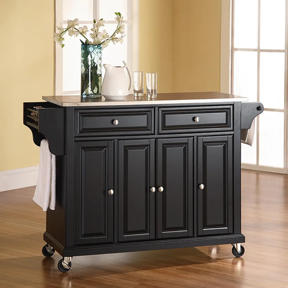 KF30002EBK Black Kitchen Cart with Stainless Steel Top - Diana-1
