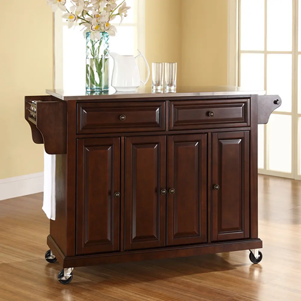 KF30002EMA Mahogany Brown Kitchen Cart with Stainless Steel Top - Diana-1