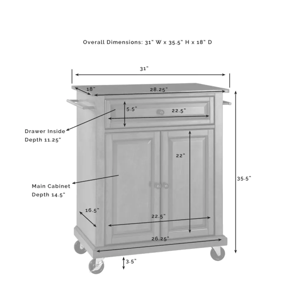 KF30022EBK Black Portable Kitchen Cart with Stainless Steel Top - Allyson-1
