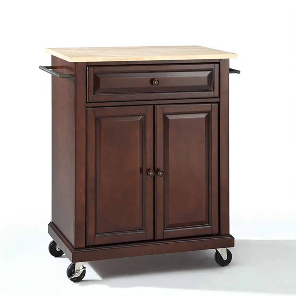 KF30021EMA Mahogany Wood Top Portable Kitchen Cart-1
