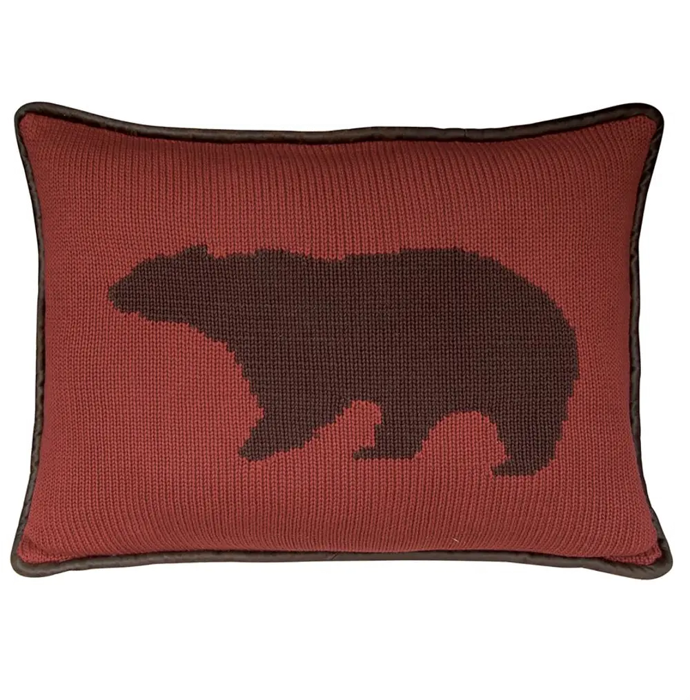 Deep Red Knit Bear Throw Pillow with Brown Piping-1