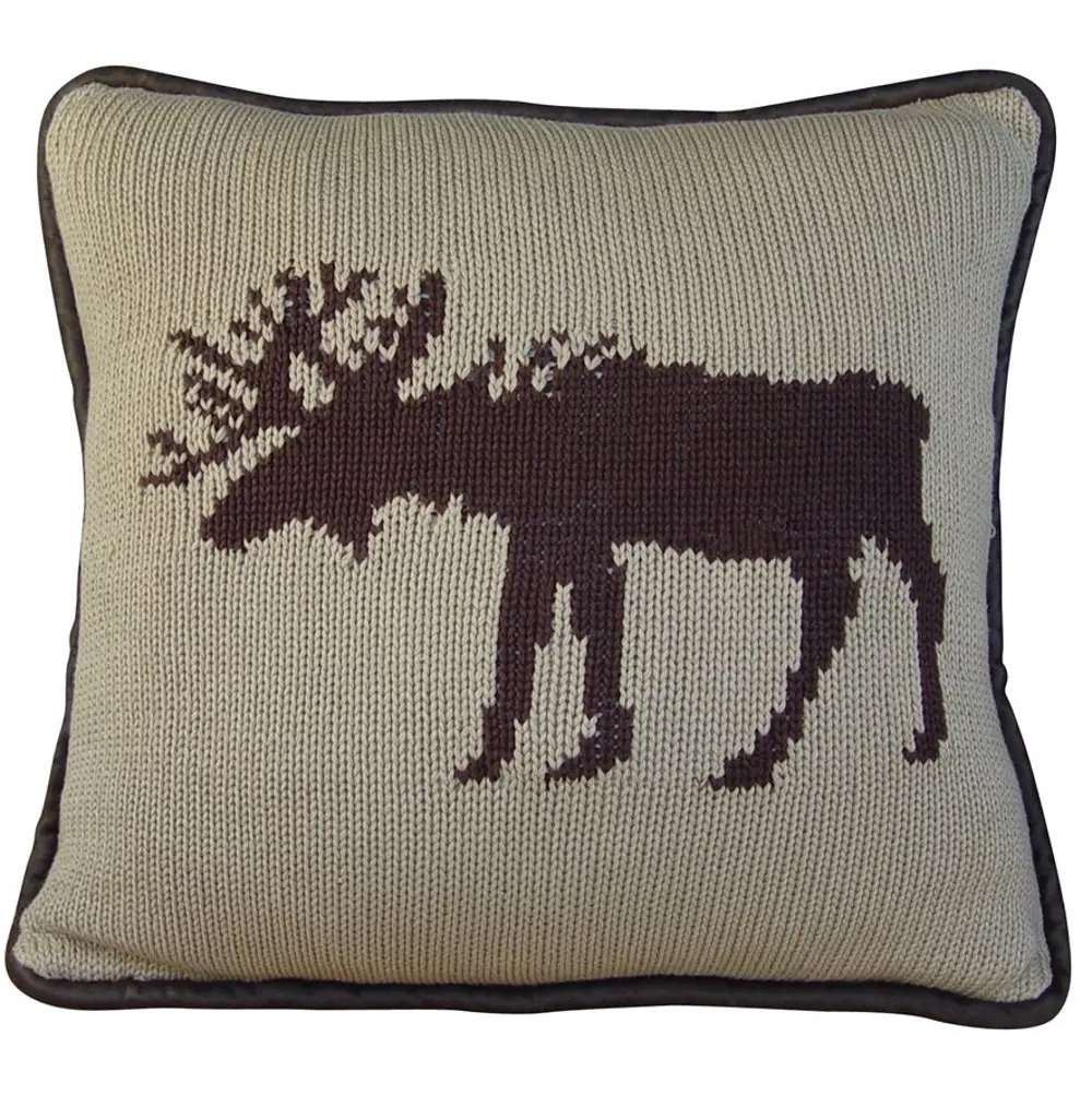 Brown Knit Moose Throw Pillow with Brown Piping-1
