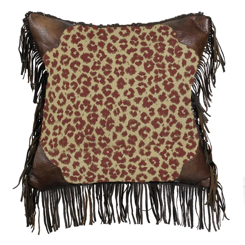 Fringed Leopard Throw Pillow with Faux Leather Corners-1