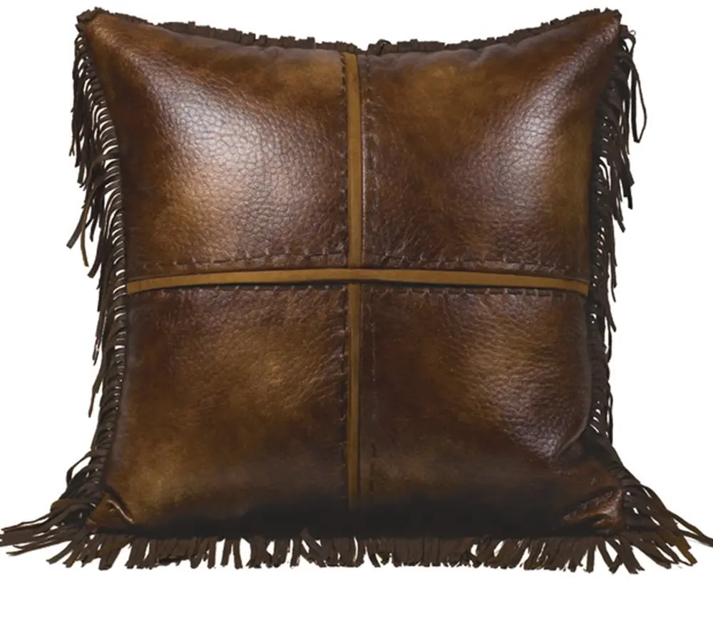 Brown Faux Leather Distressed Throw Pillow with Fringe-1