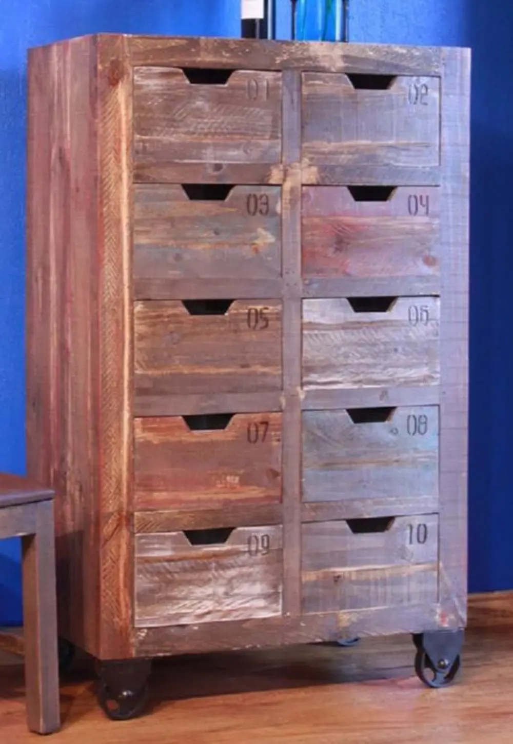 Antique Pine & Metal 10-Drawer Storage Console-1