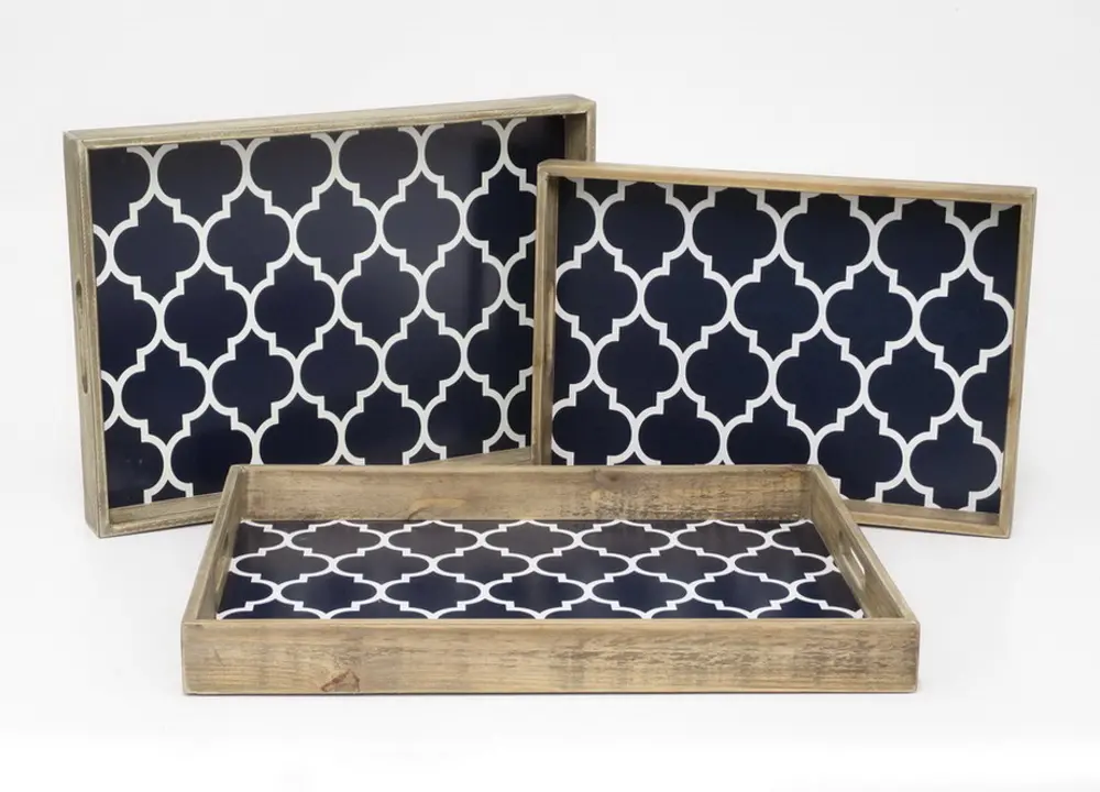 14 Inch Navy Blue and White Quatrefoil Wood Tray-1