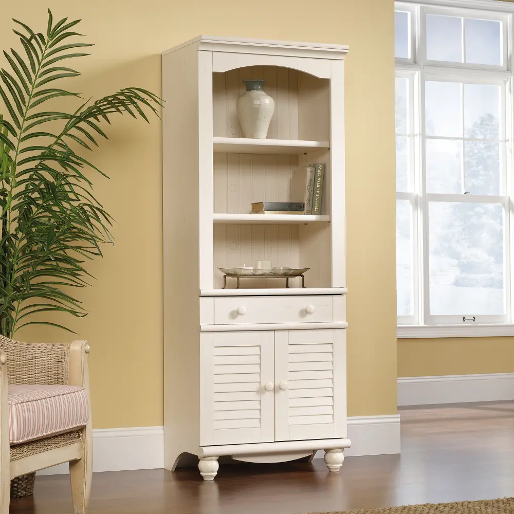 Antiqued White Library Bookcase with Doors - Harbor View-1