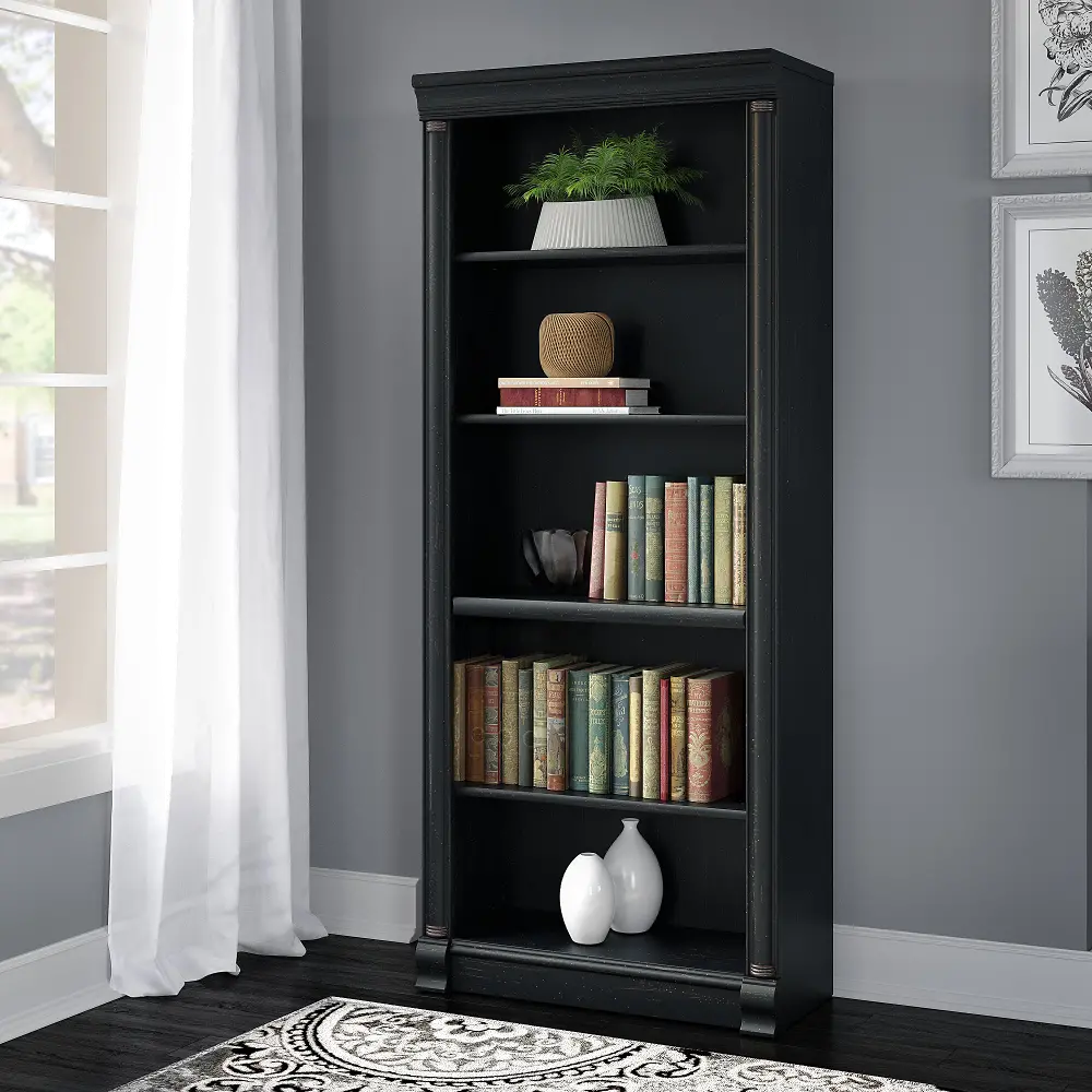 WL26965-03 Antique Black Executive 5-Shelf Bookcase - Birmingham -1