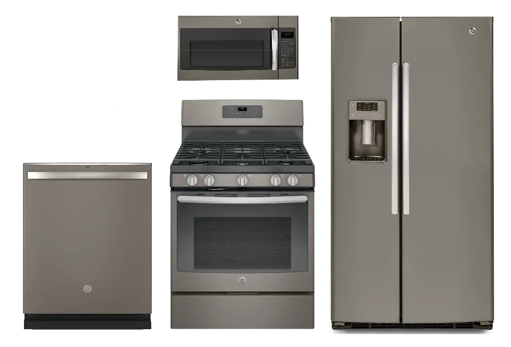 4PC-SLATE-SXS-GAS GE 4 Piece Gas Kitchen Appliance Package with Side by Side Refrigerator - Slate-1