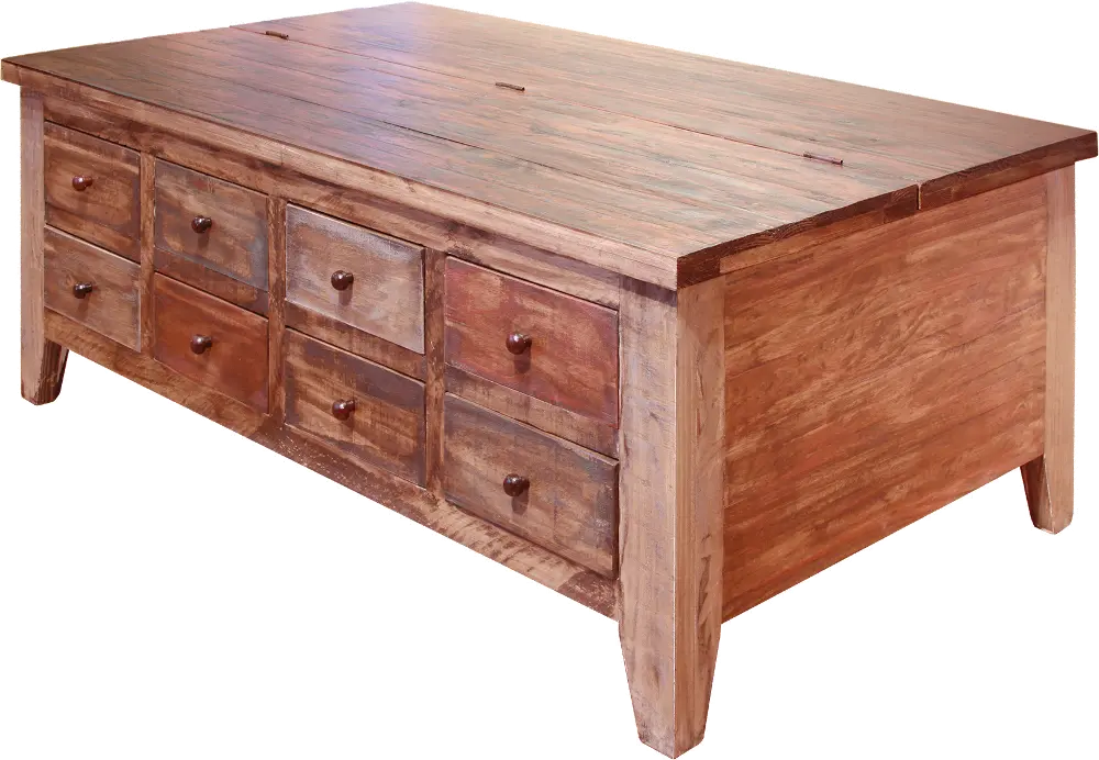 Antique Rustic 8 Drawer Pine Lift Top Coffee Table-1