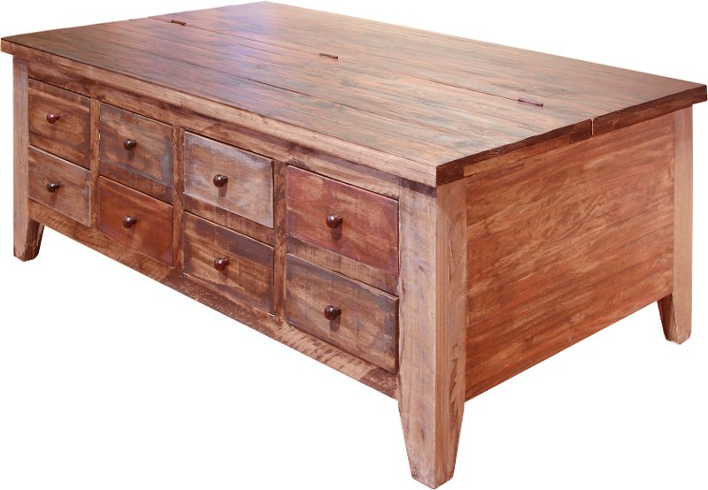 8 Drawer Pine Lift Top Coffee Table, Rustic End Table With Drawer