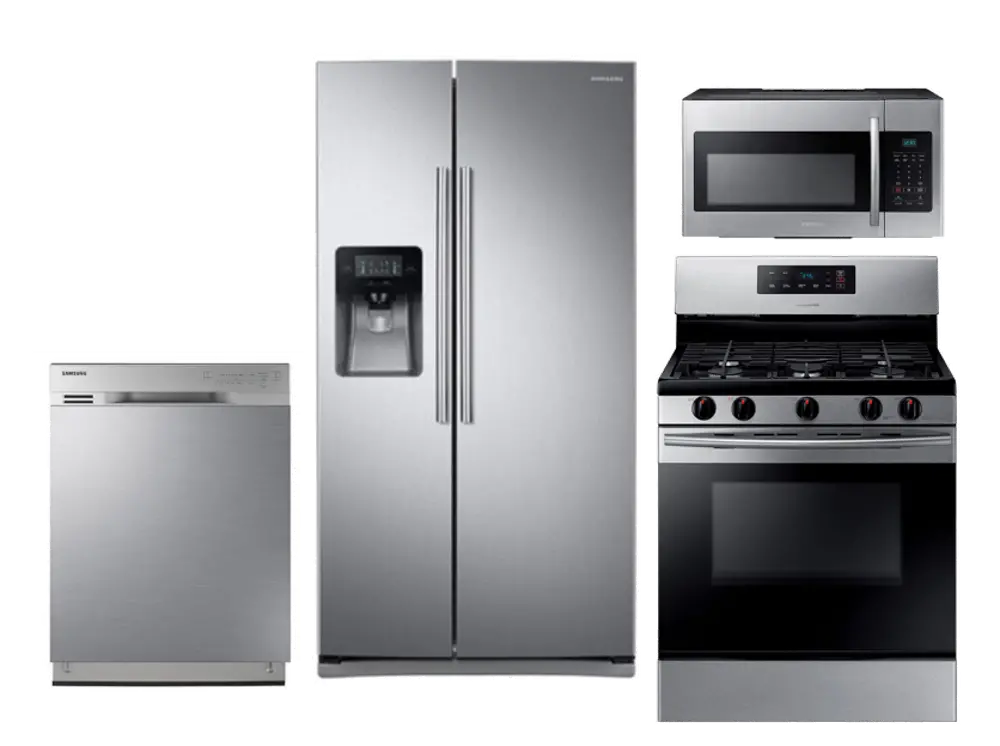KIT Samsung 4 Piece Gas Kitchen Appliance Package with 25 Cu. Ft. Side by Side Refrigerator - Stainless Steel-1