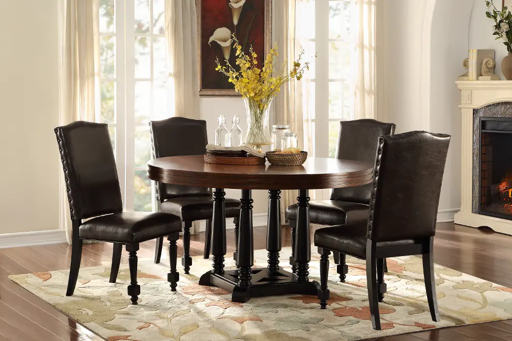Traditional Dark Oak and Black Round Dining Table - Blossomwood-1