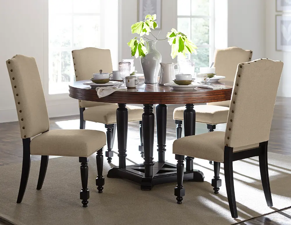 5 Piece Round Dining Set - Classic Blossomwood Black and Beige -1
