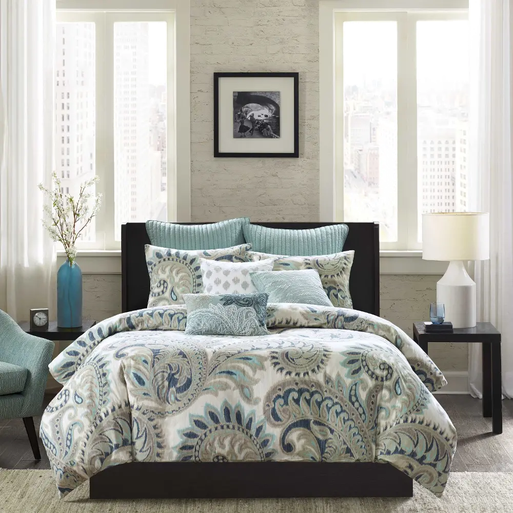 Mira Taupe and Blue Full-Queen Bedding Collection-1