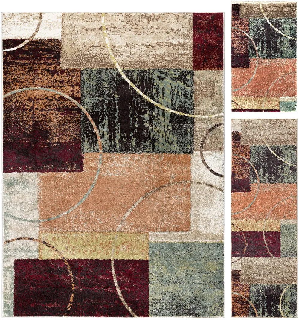DCO1004SET3 3 Piece Set Red, Brown, and Teal Area Rug - Deco-1