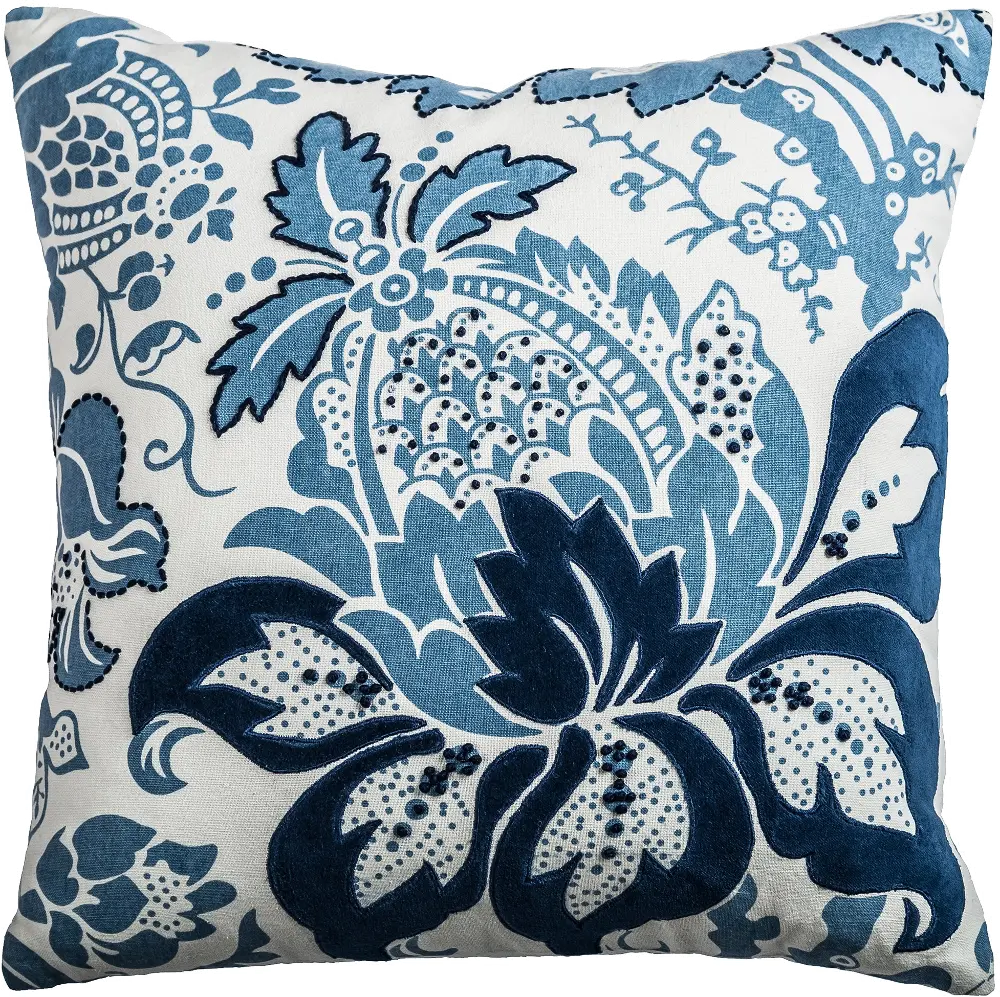 Blue Cotton Casement Velvet Throw Pillow-1