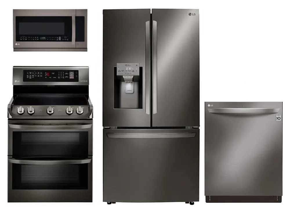 KIT LG 4 Piece Electric Kitchen Appliance Package with 23.5 cu. ft. French Door Refrigerator - Black Stainless Steel-1
