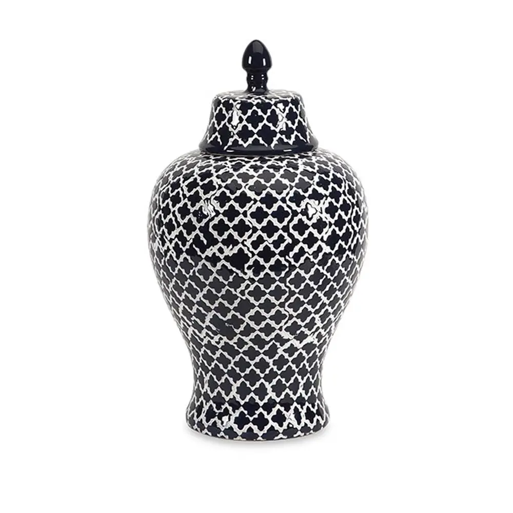 17 Inch Blue and White Quatrefoil Patterned Urn-1