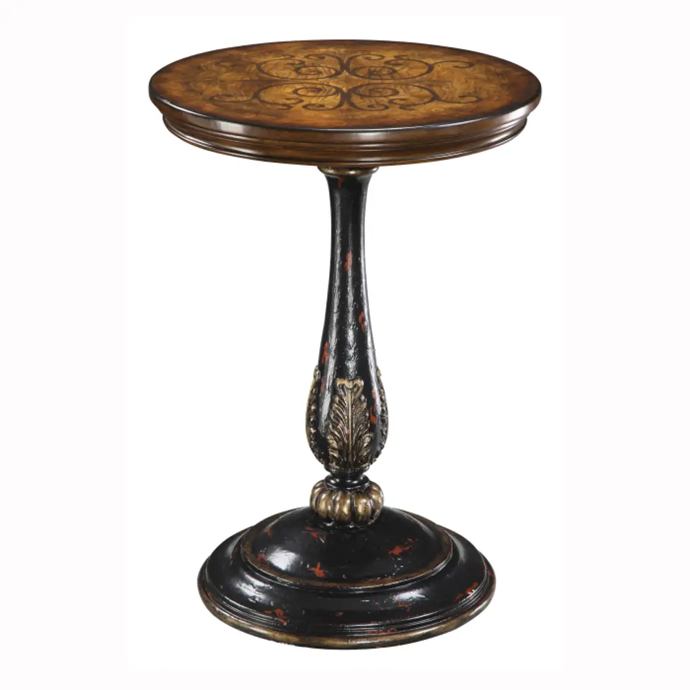 32089 Wooden Brown and Black Round Inlaid Accent Table-1