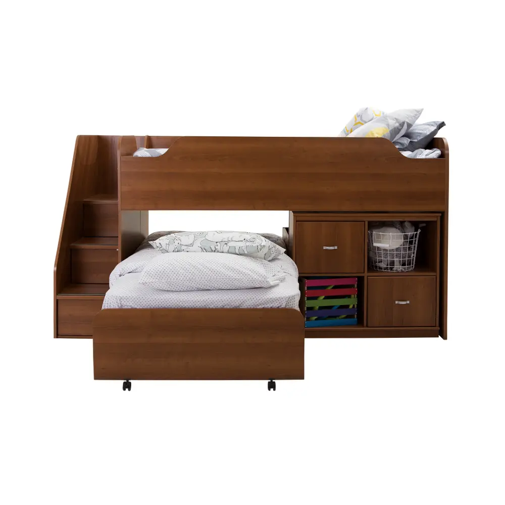 9055A3 Cherry Twin Loft Bed with Trundle and Storage Unit (39 Inch) - Mobby-1