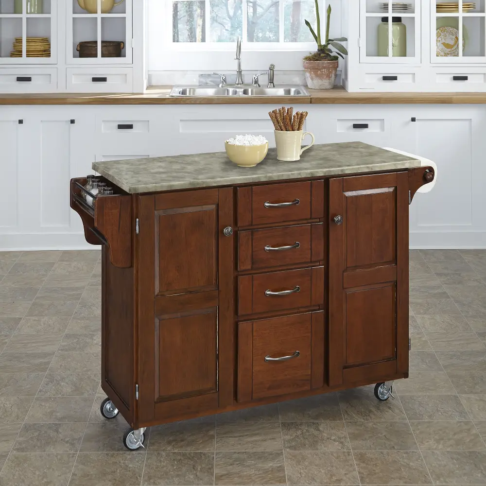9100-1711 Cherry Kitchen Cart with Concrete Top - Create-a-Cart-1