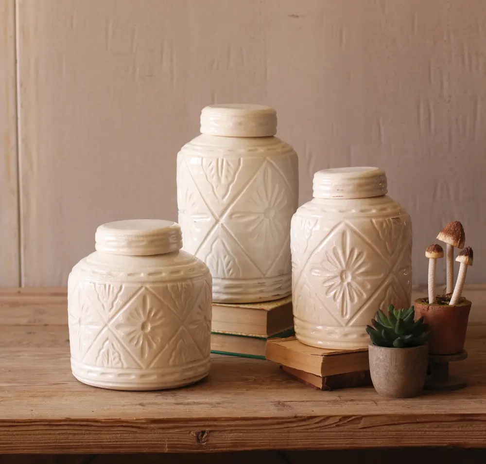 11 Inch Ivory Ceramic Canister with Geometric Pattern-1